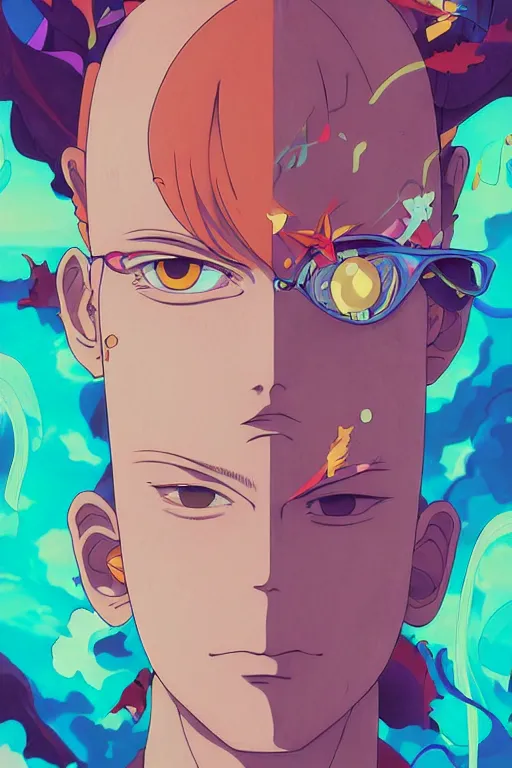 Image similar to abstract portrait, 9 0 s anime art, floating detailes, very detailed face, leaves by miyazaki, colorful palette illustration, kenneth blom, mental alchemy, james jean, pablo amaringo, naudline pierre, contemporary art, hyper detailed