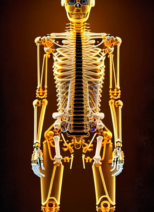 Image similar to full body rendering of a futuristic female golden mechanical skeleton with human face, wires, glowing internal light, hyperdetailed illustration by irakli nadar and alex grey, intricate linework, faberge, intricate gold linework, dark atmosphere, unreal engine 5 highly rendered, global illumination, radiant light, detailed and intricate environment