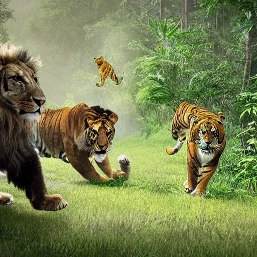 Prompt: a photo realistic photo of a lion, tiger and bear chasing a hunter through the jungle