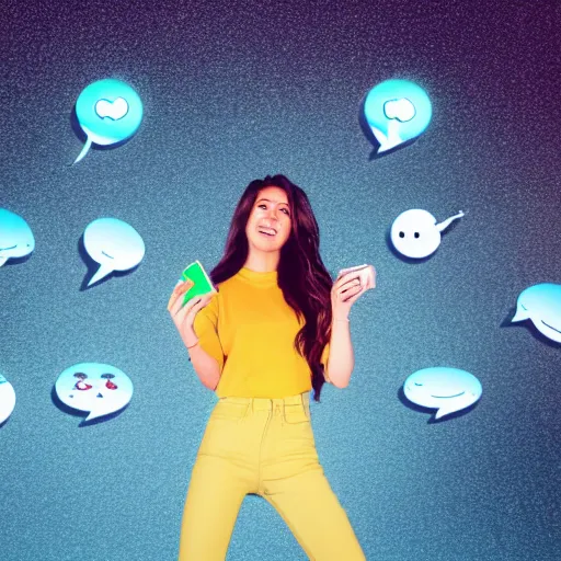 Image similar to a high definition picture of a female influencer taking a selfie with graphical emoticons floating in the air