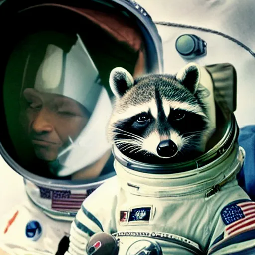 Image similar to realistic photo by annie liebovitz of a raccoon dressed as an astronaut wearing a space helmet