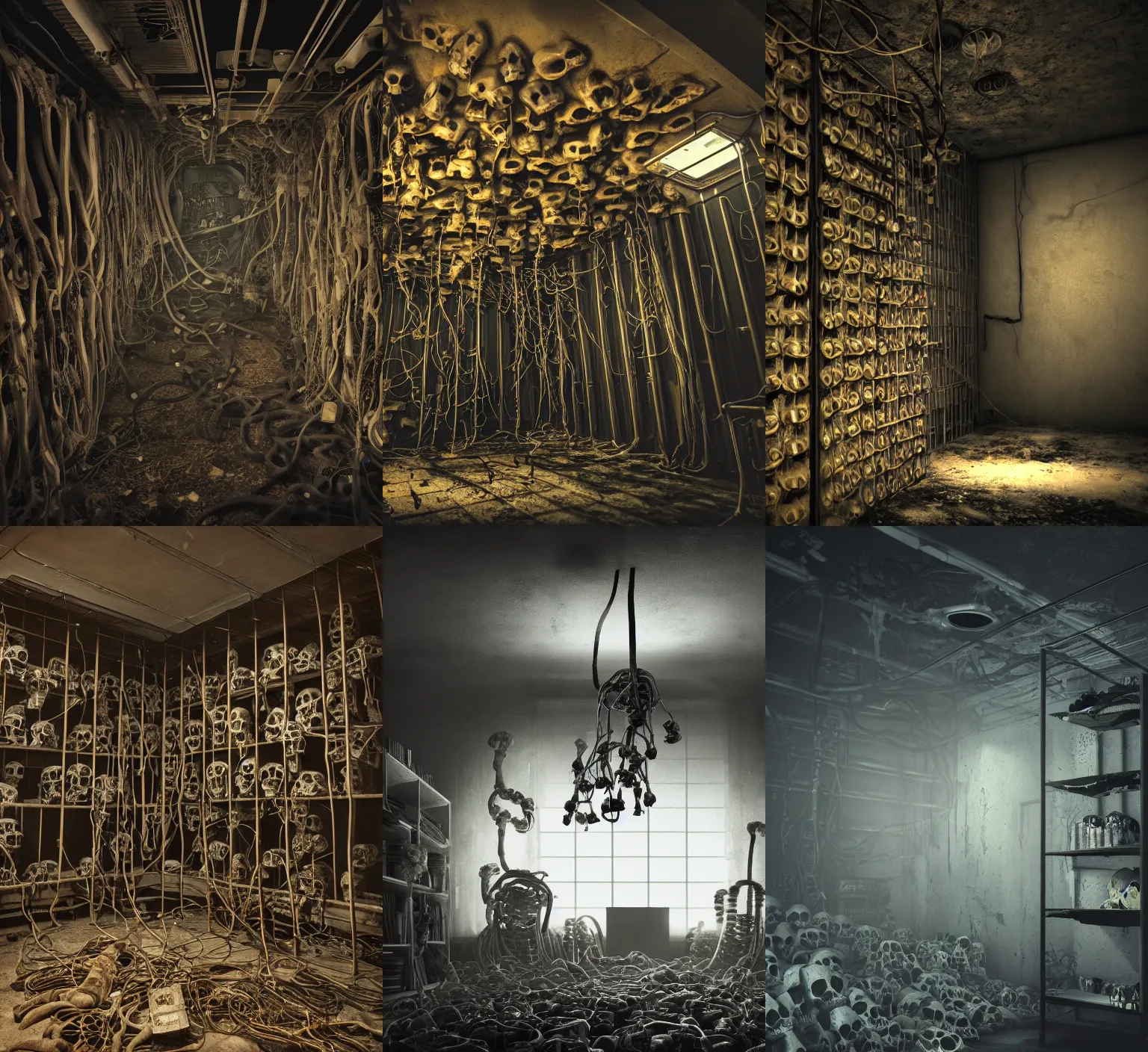 Prompt: creepy low angle shot of a metal room with tubes and cables coming out of a hole in the broken ceiling and a bookshelf filled with skulls on the back wall, dramatic lighting, moody lighting, dark colors, golden ratio, rule of thirds, environmental design, cinematic low angle, dutch tilt, 8 k, realistic lighting, realistic shading, octane render