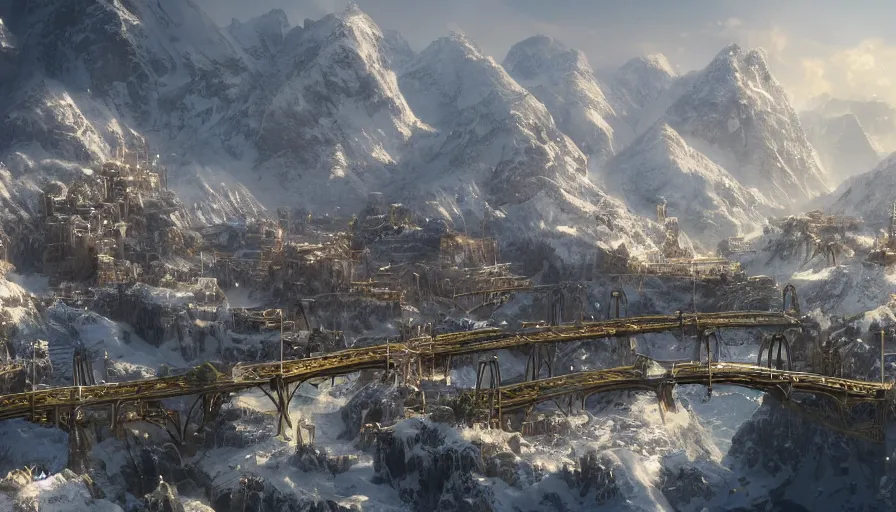 Image similar to White castles built in snowy mountains connected by bridges with villages below at sunny day, hyperdetailed, artstation, cgsociety, 8k