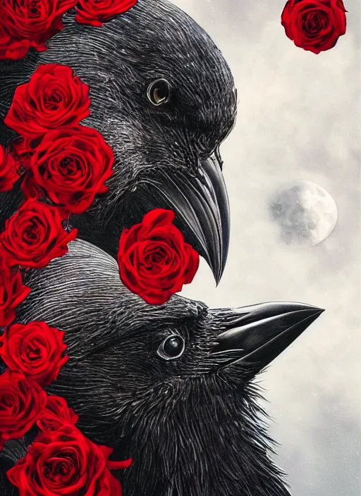 Image similar to moon is important, red and golden color details, portrait, A crow with red eyes in front of the full big moon, book cover, red roses, red white black colors, establishing shot, extremly high detail, foto realistic, cinematic lighting, by Yoshitaka Amano, Ruan Jia, Kentaro Miura, Artgerm, post processed, concept art, artstation, raphael lacoste, alex ross, portrait, A crow with red eyes in front of the full big moon, book cover, red roses, red white black colors, establishing shot, extremly high detail, photo-realistic, cinematic lighting, by Yoshitaka Amano, Ruan Jia, Kentaro Miura, Artgerm, post processed, concept art, artstation, raphael lacoste, alex ross