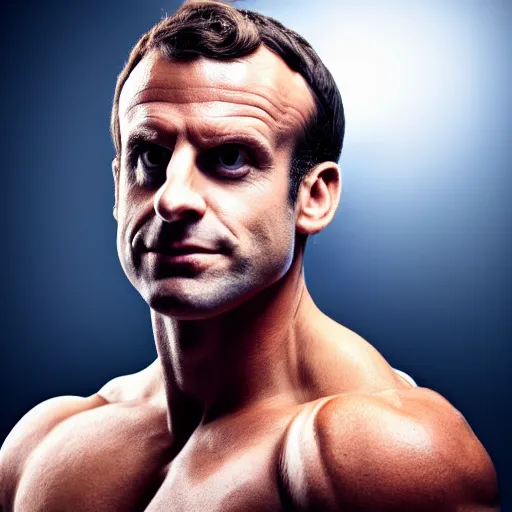 Image similar to photo of a close portrait of emmanuel macron as a bodybuilder, studio lightning, 4 k, highly detailled