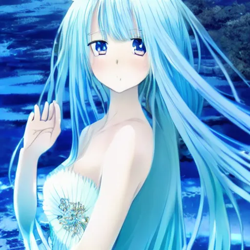 Image similar to a very beautiful anime girl wearing a elegant dress made of water standing in a azure blue crystal lake , full body, long white hair with azure blue highlights blending into the dress , azure blue watery eyes, full round face, seductive over the shoulder glances ,soft smile,tears, lens flare, cinematic lighting, medium shot, mid-shot, highly realistically detailed, trending on artstation, Unreal Engine 4k, Stanley Artgerm Lau, WLOP, Rossdraws, James Jean, Andrei Riabovitchev, Marc Simonetti, and Sakimichan