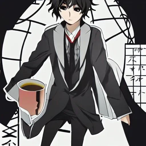 Image similar to Dazai from Bungou Stray Dogs drinking mate