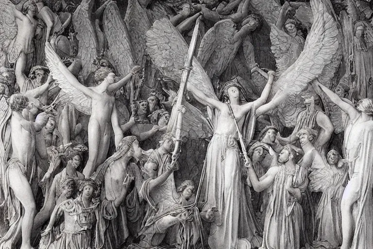 Image similar to an angelic being descends from the clouds holding five swords and below a crowd of shouting villagers wave their hands in the air, painting by jeanne delville, extremely detailed, award - winning,