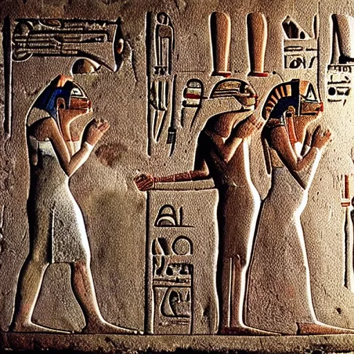 Image similar to ancient egyptian hieroglyphics depicting the first contact with alien life