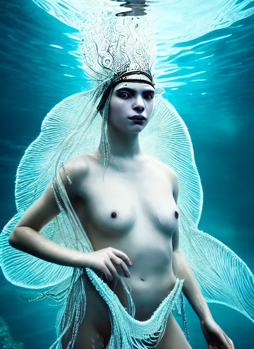 Prompt: a fierce nubile young woman swimming under water, wearing a intricate white shaman costume, clear skin, elegant, graceful, fashionable, swirling dark energy in background, cinematic, hyperdetailed illustration by irakli nadar and alexandre ferra, intricate linework, depth of field, global illumination,