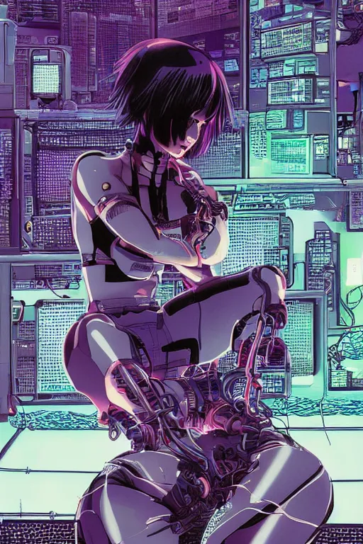 Image similar to hypedetailed cyberpunk illustration of motoko kusanagi seated on her knees in a tech lab, with wires and cables coming out of her head and back, by masamune shirow and katsuhiro otomo, colorful, complex, back view