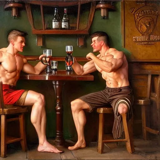 Image similar to attractive muscular maculine male with brunet hair and attractive muscular masculine male with blond hair. pants and shorts, drinking their hearts out, in a pub. highly detailed and very defined painting by j. c. leyendecker, gaston bussiere, craig mullins 8 k