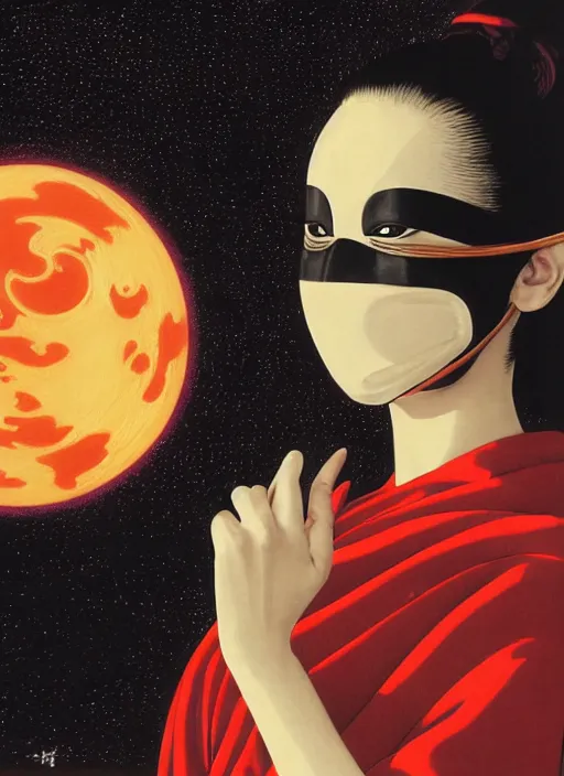 Image similar to portrait of a woman with a mask on his face in the form of a spiral in a golden kimono, full face, against the background of a bright red moon, sad motif, by hisashi eguchi, kentaro miura, and yoshitaka amano, soft colors, futuristic, 8 k