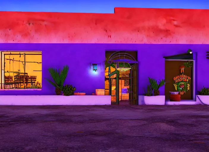 Image similar to realistic exterior photo of a mexican restaurant, vaporwave, in a flat barren desert. 15mm. Very detailed 8k. Sharp. Cinematic post-processing. Unreal engine. Nanite. Ray tracing. Parallax. Tessellation