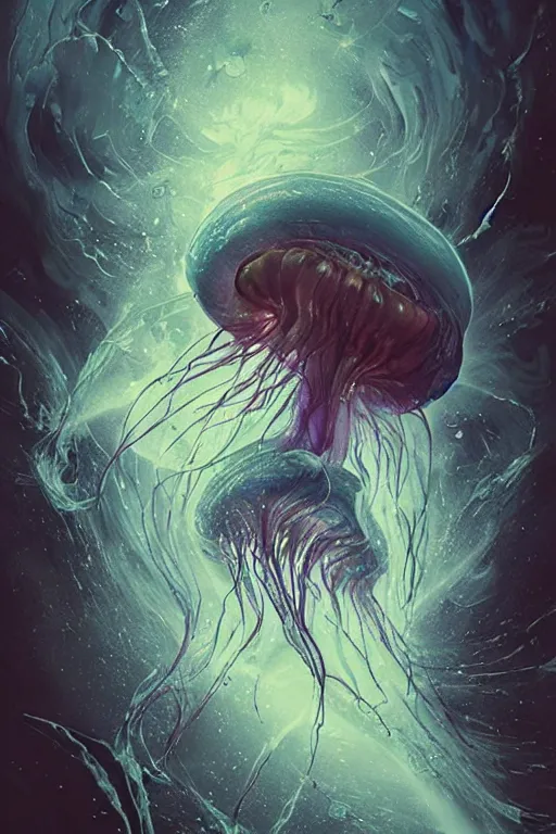 Image similar to the look of an elderly person full of wrinkles and imperfections comes out of a tornado jellyfish by artgem and greg rutkowski, highly detailed, high contrast, light reflection, trippy, nebula, trending on artstation