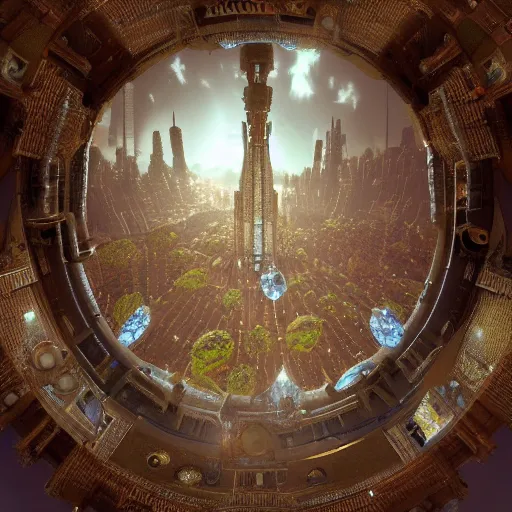 Prompt: enormous flying city in a faberge egg, sky, steampunk, fantasy art, masterpiece, unreal engine, hugh ferriss