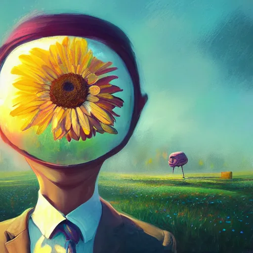 Image similar to giant daisy flower face, frontal, girl in a suit, surreal photography, sunrise, dramatic light, impressionist painting, digital painting, artstation, simon stalenhag