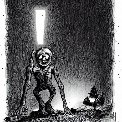 Prompt: a timid man looking frightened digging a mysterious hole in the dark of night. creepy. dark. horror. by derek zabrocki. giger