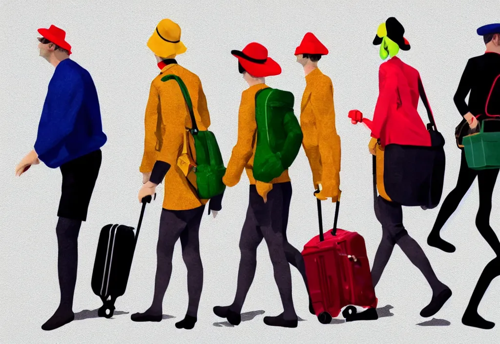 Image similar to full body portrait of a trio of european tourists autumn travel apparel, various poses walking and carrying luggage, character designs painting, in the style of wes anderson, rene magritte, lola dupre, david hockney, isolated on white background, dark monochrome neon spraypaint accents volumetric octane render