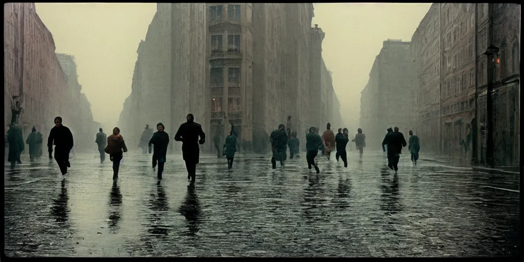 Image similar to detailed medium format photo, polaroid still from tarkovsky movie, people running on wet street by buildings in city, haze, high production value, intricate details, 8 k resolution, hyperrealistic, hdr, photorealistic, high definition, technicolor, award - winning photography, masterpiece, amazing colors