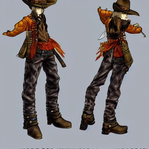 Prompt: mexican vaquero, yoshitaka amano character design, final fantasy tactics - n 4