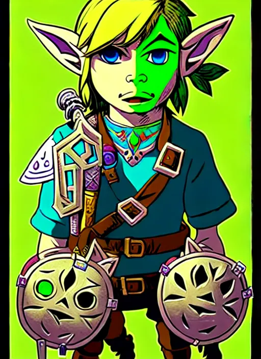 Image similar to majoras mask link!! from the legend of zelda!! portrait illustration, pop art, splash painting, art by geof darrow, ashley wood, alphonse mucha, makoto shinkai