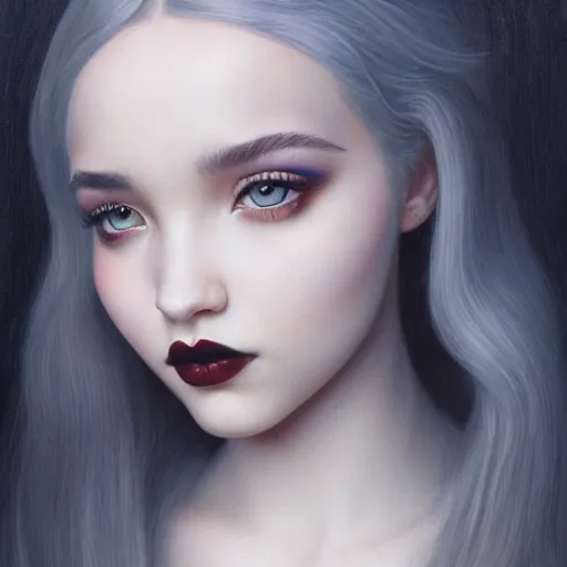 Prompt: tom bagshaw portrait, beautiful asian mix of dove cameron madison beer bella poarch in a full dress, gothic makeup, professionally retouched, focus eyes, ultra realistic soft painting, insanely detailed linework, symmetrical accurate intricate features, behance, 8 k