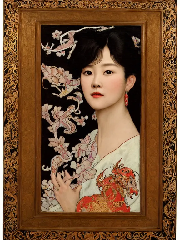 Image similar to an art nouveau head and shoulders portrait oil painting of a pretty young zhang ziyi, dressed in a traditional, modest chinese intricately embroidered silk gown with a high collar, in front of a carved screen showing a tiger and a dragon, intricate, detailed, smooth, complex, elaborate, by alphonse mucha and james gurney and john william waterhouse