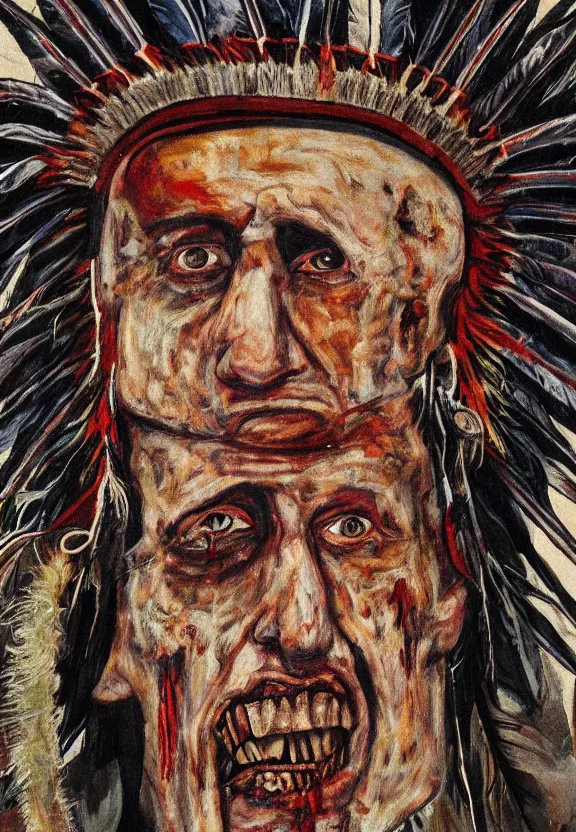 Image similar to close up portrait of zombie Pope Francis wearing a Native American Indian Feathered Headdress War Bonnet, dead redemption, by Julie Mehretu