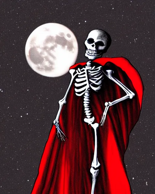 Image similar to A skeleton dressed in a red dress standing in front of a full moon with a black cape and a red cape over his head