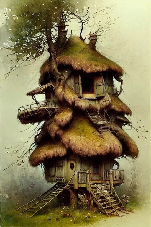 Image similar to (((((1950s fairy tale cottage tree house . muted colors.))))) by Jean-Baptiste Monge !!!!!!!!!!!!!!!!!!!!!!!!!!!