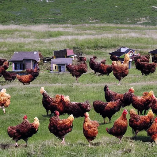 Prompt: a herd of houses on chicken legs