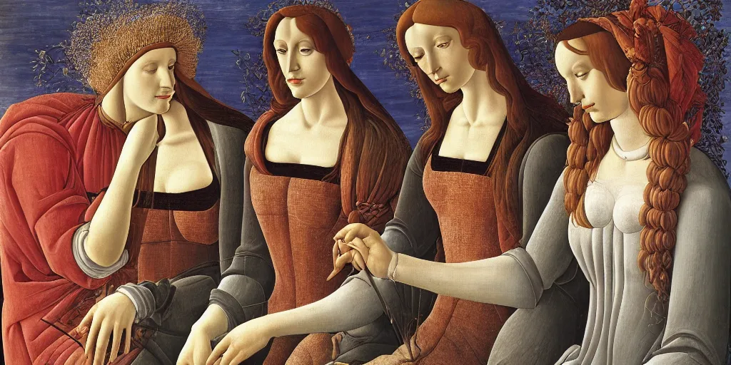 Image similar to a painting of a woman and two other women, a surrealist painting by sandro botticelli, polycount, renaissance, da vinci, pre - raphaelite, fresco