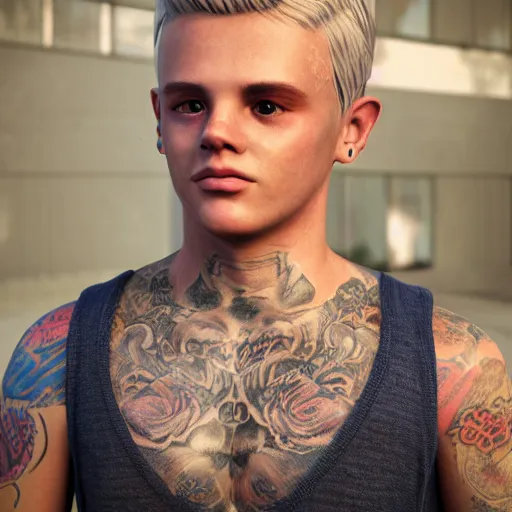 Image similar to detailed unreal engine 5 render of a blonde boy with face tattoos