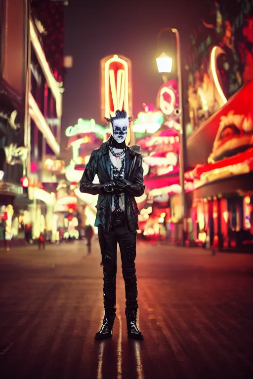 Image similar to full body portrait of a punk vampire on the las vegas strip at night, cinematic, hyper realism, high detail, octane render, 8k, cgsociety,urban horror,concept art