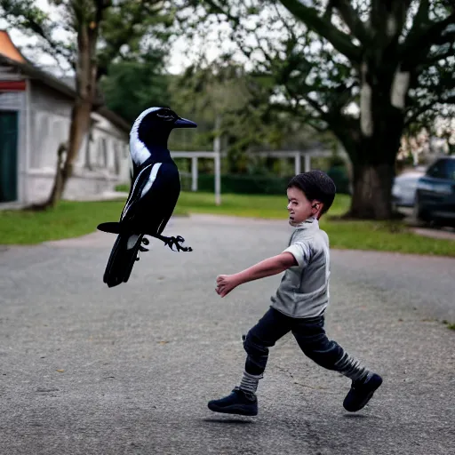 Image similar to A magpie chasing a boy on a bike, Canon EOS R3, f/1.4, ISO 200, 1/160s, 8K, RAW, unedited, symmetrical balance, in-frame
