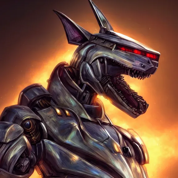 Image similar to hyper realistic, epic, highly detailed cinematic shot of a gigantic feral robot mecha canine, sharp dragon claws, detailed head, metal ears, cannon mounted on back, sleek armor, glowing visor, destroying city, digital art, furry art, macro art, dragon art, furaffinity, deviantart, sofurry