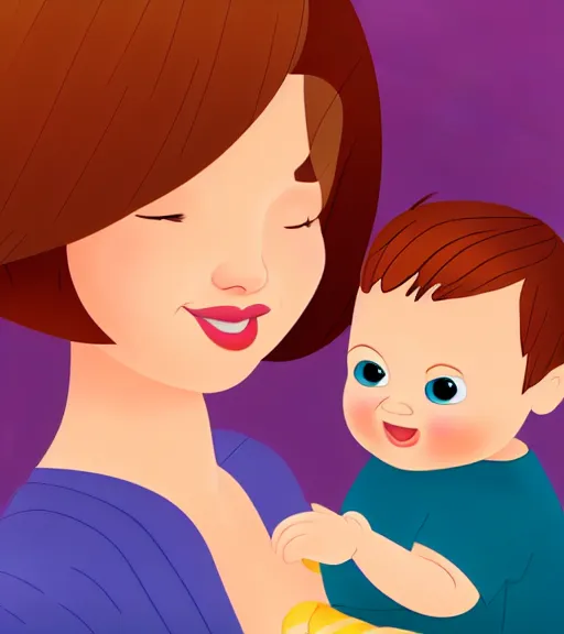 Prompt: a mother with short shoulder length auburn hair, short and curvy and a slightly chubby face holding her infant son with short brown hair full color digital illustration disney / pixar animation 4 k