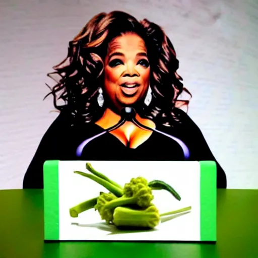 Image similar to a dish of oprah winfreys face fused with okra veg with green stalky ( ( green oprah winfrey's face ) ), oprah okra winfrey sentient veg