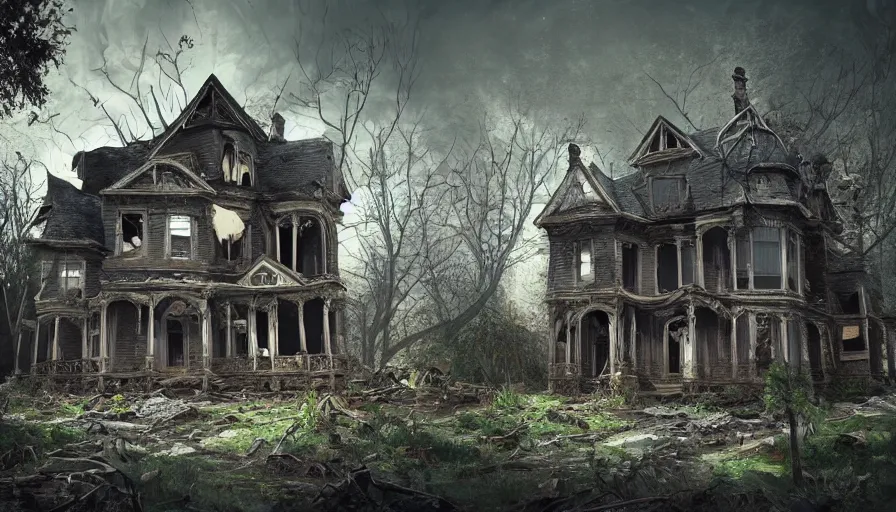 Prompt: old cracked damaged victorian house in the mud, dark forest, hyperdetailed, artstation, cgsociety, 8 k