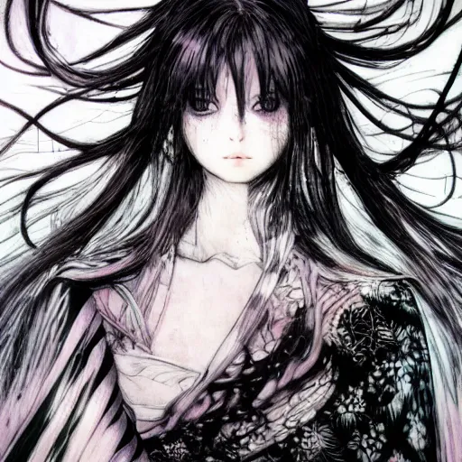 Image similar to Yoshitaka Amano blurred and dreamy illustration of an anime girl with black eyes, wavy white hair and cracks on her face wearing elden ring armour with the cape fluttering in the wind, abstract black and white patterns on the background, noisy film grain effect, highly detailed, Renaissance oil painting, weird portrait angle