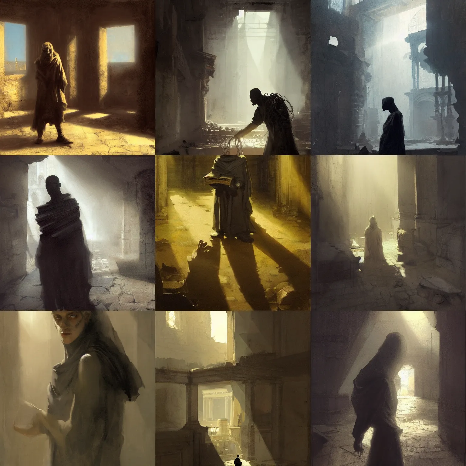 Prompt: portait of magican wearing a closed cerimonial cowl, big old book chained to the wrist, by jeremy mann, by craig mullins, by caravaggio and mike mignola, face in the shadows, ruins of ancient rome at dusk, mysterious atmosphere, sunrays, high detailed, 8 k