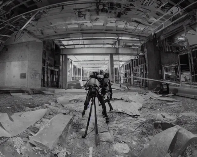 Prompt: camera footage of a walker titans of Attack on Titan in an abandoned shopping mall, high exposure, dark, monochrome, camera, grainy, CCTV, security camera footage, timestamp, zoomed in, fish-eye lense, Titan, Attack on Titan,