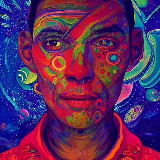 Image similar to An extremely psychedelic experience, colorful, surreal, dramatic lighting, cosmonaut, LSD, face, detailed, intricate, elegant, highly detailed, digital painting, artstation, concept art, smooth, sharp focus, illustration, art by Sam Spratt, Dan Mumford, Artem Demura and Alphonse Mucha