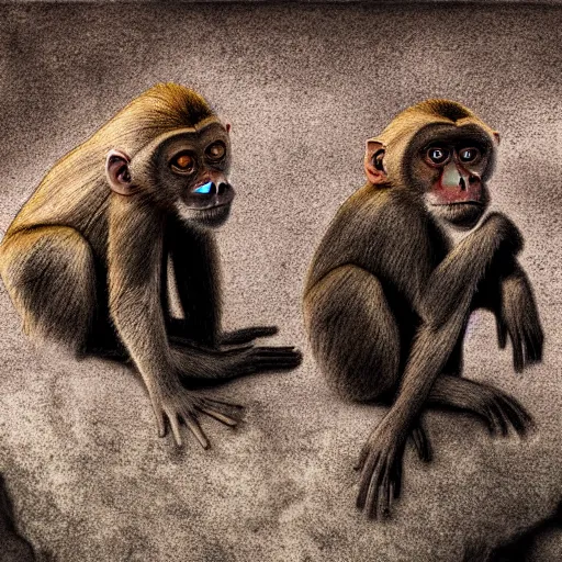 Image similar to two macaques looking at each other inside ancient cave, digital art, soft shadows, creepy art