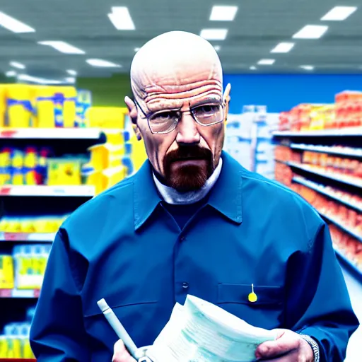 Image similar to walter white working at walmart, 4 k, high resolution, still, landscape, hd, dslr, hyper realistic