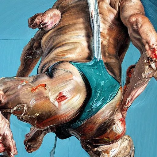 Image similar to high quality high detail painting by lucian freud and jenny saville, hd, jumping, turquoise