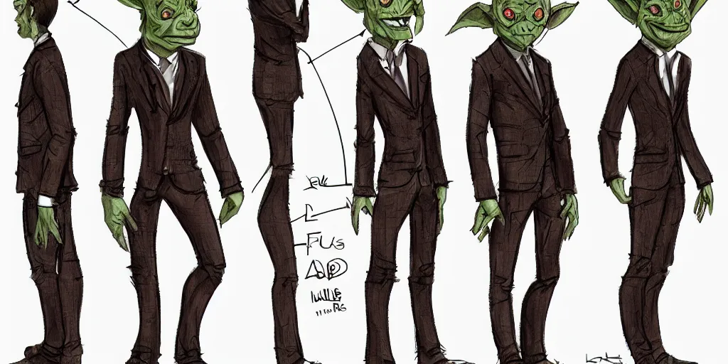 Image similar to Full body goblin, ripped suit, grinning, smile, concept sheet