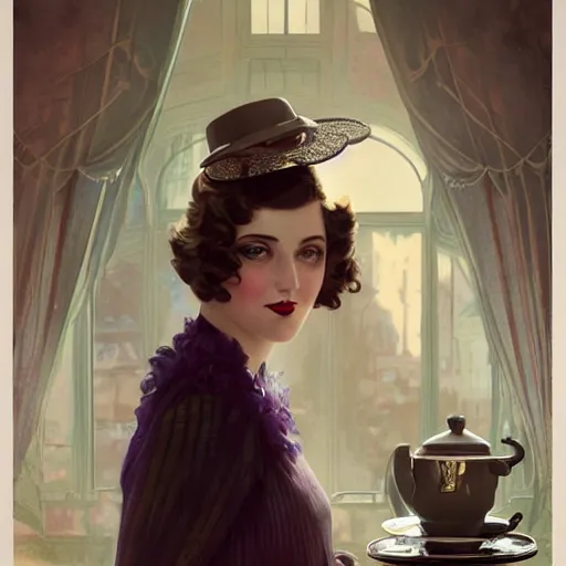 Image similar to 1920s girl ready for fancy afternoon tea with friends, highly detailed, digital painting, cgsociety, concept art, sharp focus, illustration, art by artgerm and greg rutkowski and alphonse mucha