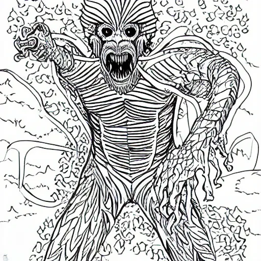 Image similar to a demogorgon from stranger things, line art. coloring book page